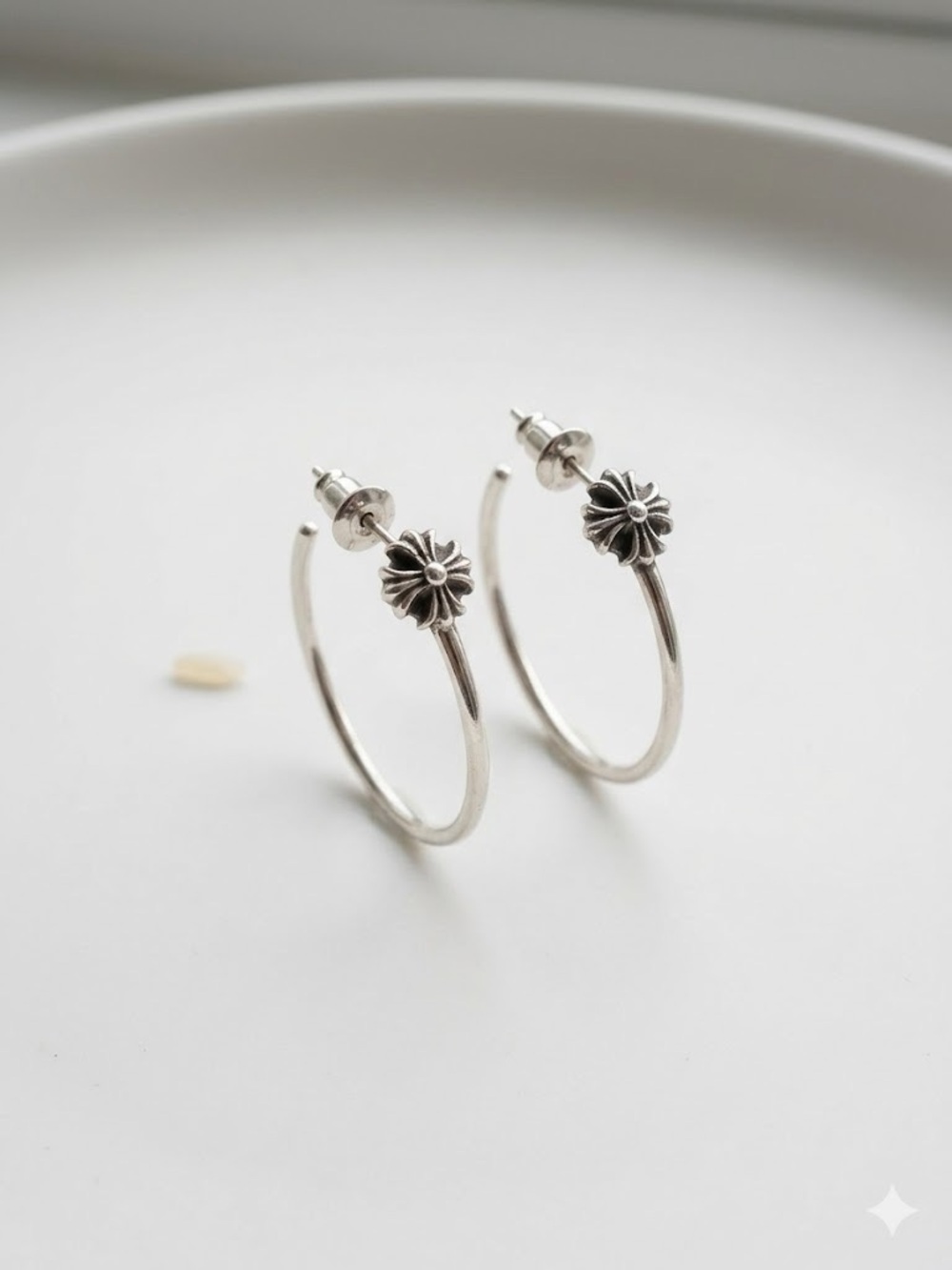 Sterling Silver Floral Hoop Earrings - Silver